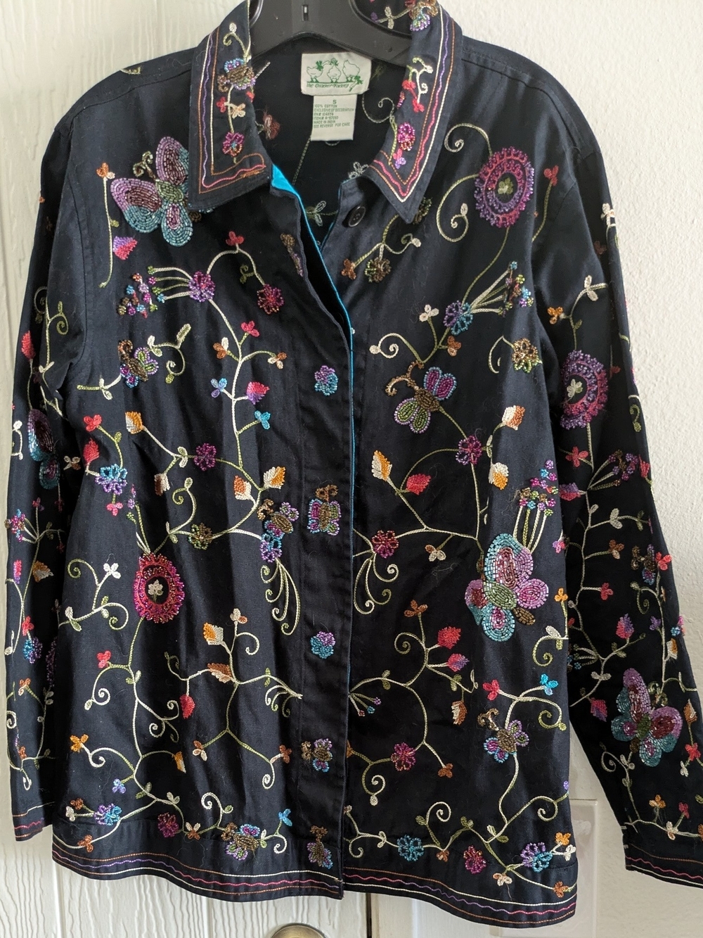 Vtg The Quacker Factory embroidered beaded floral butterfly button down jacket